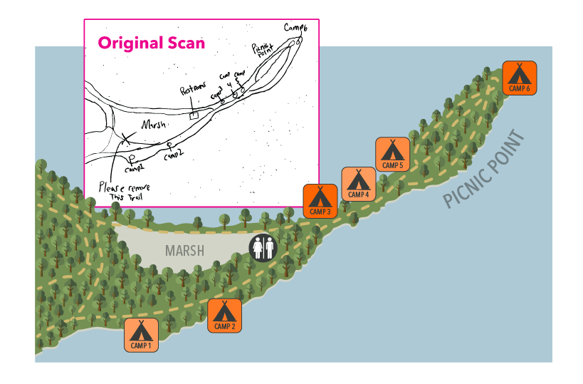 Hand-drawn campground sketch transformed into a polished SVG with labeled camp areas, marsh, and picnic point