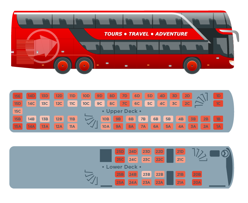 Tour bus side view paired with upper and lower deck seating maps, every seat labeled