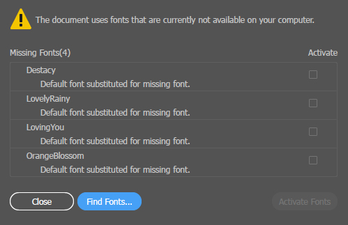 Missing Font Alert Box