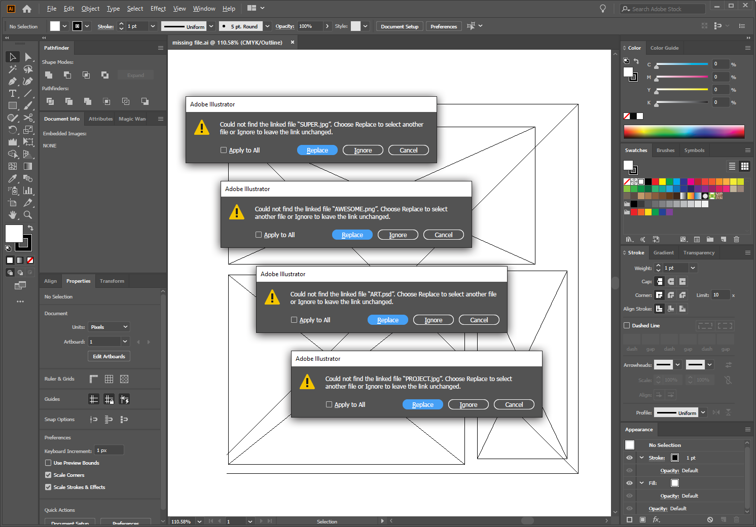 Screen shot of missing images in Adobe Illustrator